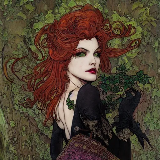 Prompt: a beautiful and detailed matte painting of a poison ivy dressed casually in clothes from hot topic, food court in a mall, dark eyeliner, intricate, elegant, highly detailed, digital painting, artstation, concept art, matte, sharp focus, illustration, art by rebecca guay and by arthur rackham and by alphonse mucha and by john william waterhouse