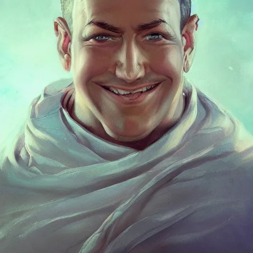 Image similar to a head - on detailed oil portrait of a friendly round - faced bald male monk with a friendly smile, by charlie bowater, lise deharme, wlop, trending on artstation, dungeon and dragons art, critical role