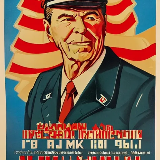 Image similar to communist propaganda poster portraying Ronald Reagan wearing a soviet officer uniform, 8k, very intricate, very detailed, inspiring,