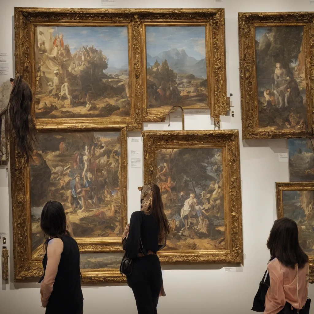 Image similar to an art lover at an exhibition looking at the most famous painting in the world