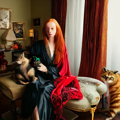 Image similar to a stunning hyper-detailed photo of a slender beautiful woman with straight long ginger hair and bangs, wearing a luxurious silk robe, wearing headphones and posing with her large ginger tabby cat and raccoon and parrots in a red overstuffed easy chair in her Victorian living room, holding a porcelain parrot-shaped coffee mug and a donut, perfect eyes, fashion photography, dramatic cinematic lighting, octane render, IBEX Masters, unreal engine, 85 mm lens, paisley wallpaper