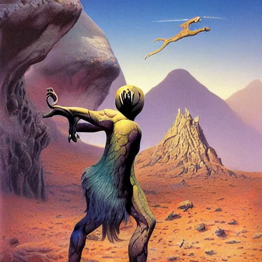 Prompt: leopard man alien walking towards a mountain, magical bright world, volumetric lighting, high render, fine detail, Artwork by roger dean + Richard Corben + Mark Arian + Wayne Barlowe + Boris Vallejo + Julie Bell