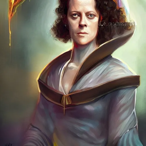 Prompt: young sigourney weaver as a d & d draconic sorcerer, character portrait by wlop