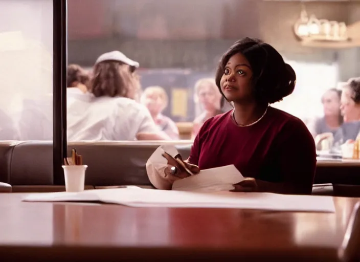 Prompt: cinematic screenshot of octavia spencer writing a note on a napkin sitting with middle aged woman olivia coleman, at a classic diner booth, dramatic backlit window, volumetric hazy lighting, screenshot from being john malkovich ( 2 0 0 1 ) directed by spike jonze, moody cinematography, 3 5 mm kodak color stock, 2 4 mm lens, ecktochrome