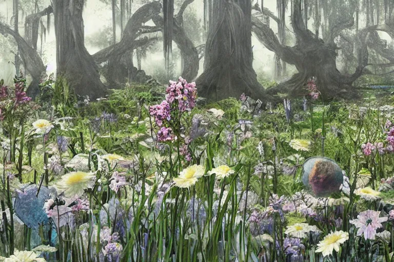 Image similar to hyperrealism, scene from louisiana swamps, spaceship, spring blooming flowers garden, true detective, 8 0 s japanese sci - fi books art