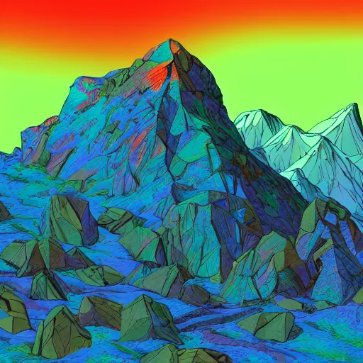 Prompt: a vibrant science fiction fantasy mountain, old man face in the mountain, scene from'the very pulse of the machine'by polygon pictures, highly detailed, remodernism, cel - shaded, colored screentone, digitally enhanced.