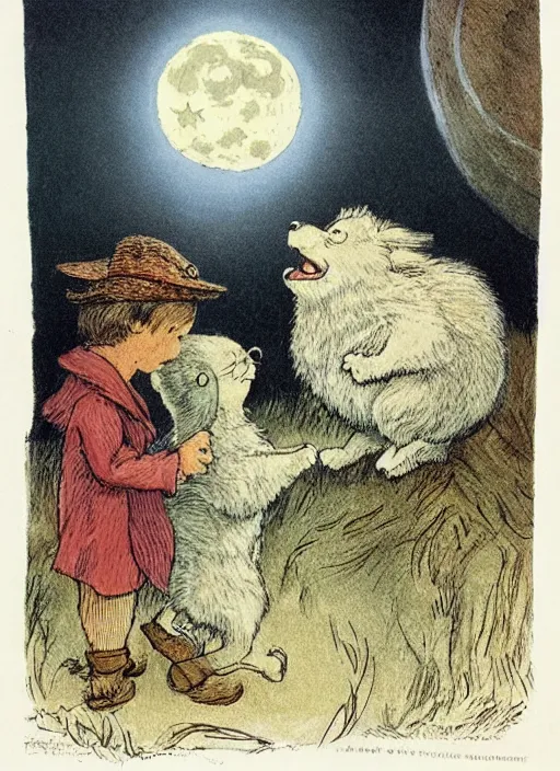 Prompt: howling at the moon, illustrated by peggy fortnum and beatrix potter and sir john tenniel
