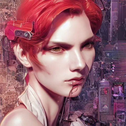 Image similar to the portrait of an absurdly beautiful, graceful, elegant, sophisticated, fashionable cyberpunk gravure idol, an ultrafine hyperdetailed illustration by kim jung gi, irakli nadar, intricate linework, bright colors, porcelain skin, unreal engine 5 highly rendered, global illumination, radiant light, detailed and intricate environment