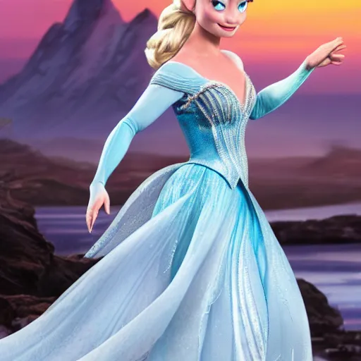 Image similar to Margot Robbie as Elsa in disney frozen live action, 8k full HD photo, cinematic lighting, anatomically correct, oscar award winning, action filled, correct eye placement,