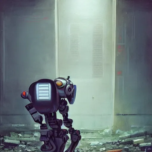 Image similar to a realistic painting of a humanoid robot ( chappie ) painting on a canvas in an abandoned building. by jordan grimmer tyler eldin ralph mcquarrie simon stalenhag. digital art, artstation, octane, uhd hdr