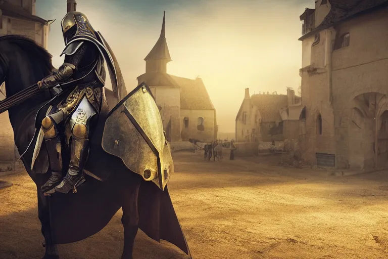 Prompt: A Templar knight, riding a black horse, arriving at a medieval town, with a yellow Uber eats backpack, global illumination, digital art, ue5 render, octane render, almost night, hyper detailed, concept art
