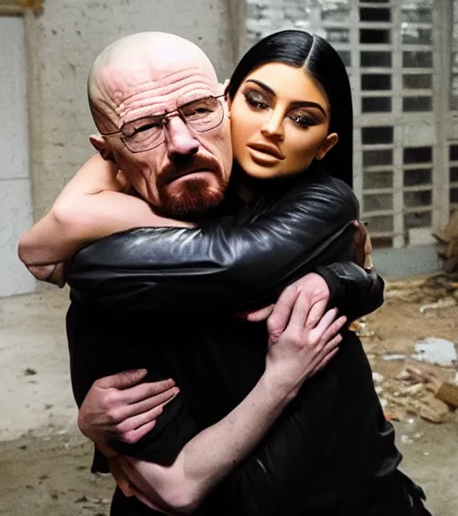 Prompt: Walter White hugging kylie Jenner in a derelict mafia mansion