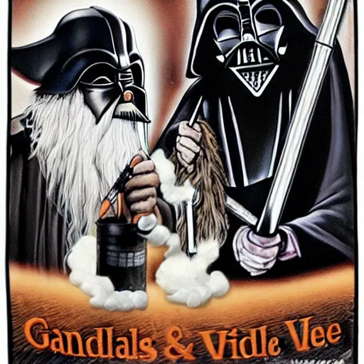 Prompt: gandalf and darth vader smoking a pipe together,