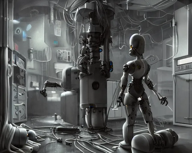 Prompt: blender gloomy colossal ruined server room in datacenter robot figure automata headless drone robot knight welder posing pacing fixing soldering mono sharp focus, emitting diodes, smoke, artillery, sparks, racks, system unit, motherboard, by pascal blanche rutkowski artstation hyperrealism cinematic dramatic painting concept art of detailed character design matte painting