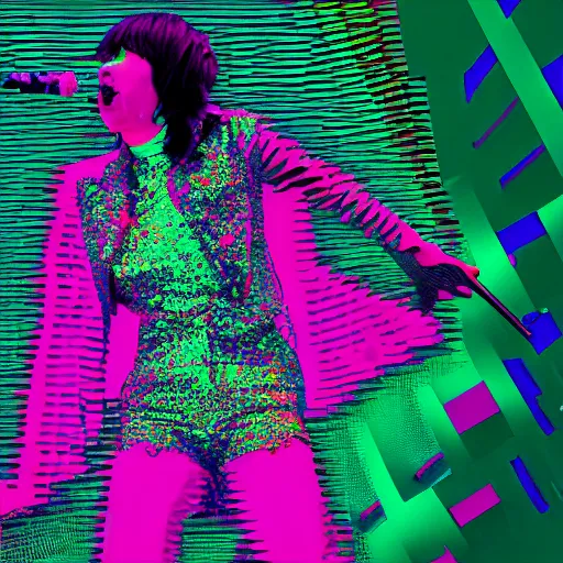 Image similar to Karen O of the Yeah Yeah Yeahs. Zoomed out full body. Glitch effect. Pixel glitch. Chromatic Aberration. data moshing glitch art. 4k.