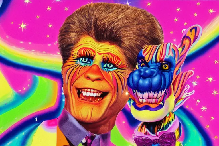 Image similar to lisa frank painting of willem dafoe at showbiz pizza 1 9 8 9