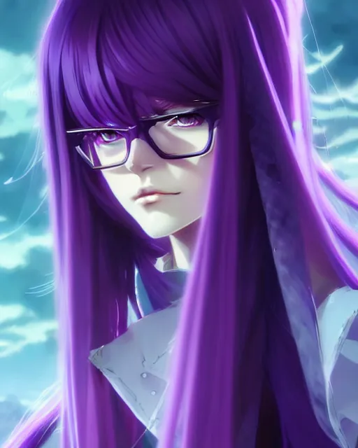 Prompt: attractive long purple haired with bangs gothic magical girl anime character with glasses screenshot, anime, intricate, sharp focus, illustration, highly detailed, digital painting, cell shaded, concept art, matte, art by ilya kuvshinov and kyoto animation and wlop, anime character by ruan jia and greg rutkowski, studio quality, masterpiece