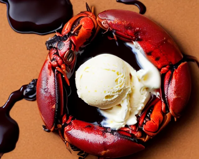 Prompt: dslr food photograph of vanilla ice cream with a crawfish, some chocolate sauce, 8 5 mm f 1. 4