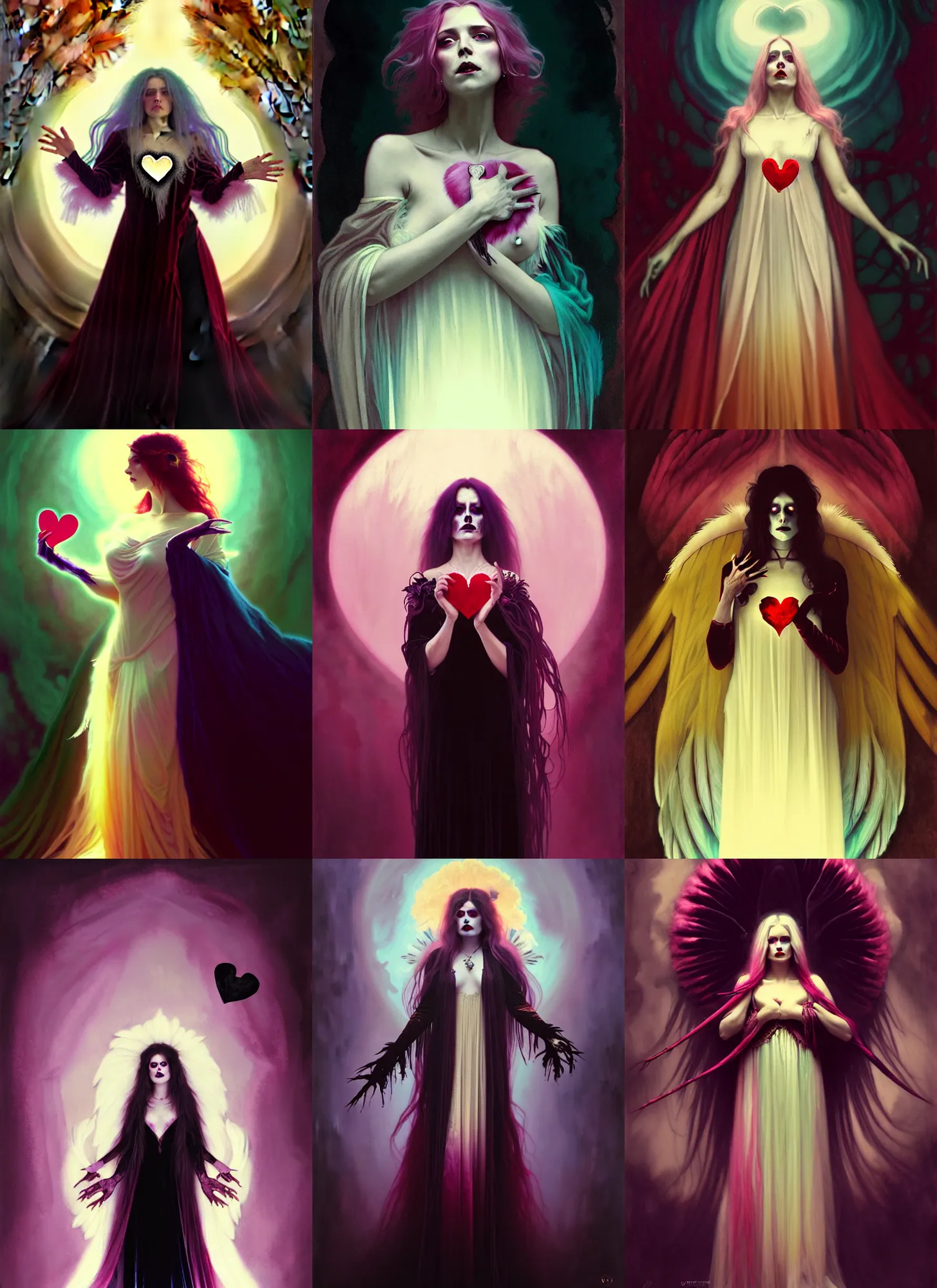 Prompt: ombre velvet gown, feathers, scary queen of death, holding a heart in her hands, portrait, long white hair, corpse, feral languid woman, by greg rutkowski, anato finnstark, alphonse mucha, global illumination, radiant light