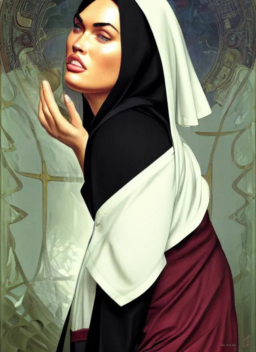 Image similar to portrait of a very obese megan fox as an obese sultry nun, catholic, church, bible, christianism, praying, intrigante, headshot, highly detailed, digital painting, artstation, concept art, sharp focus, cinematic lighting, illustration, art by artgerm and greg rutkowski, alphonse mucha, cgsociety