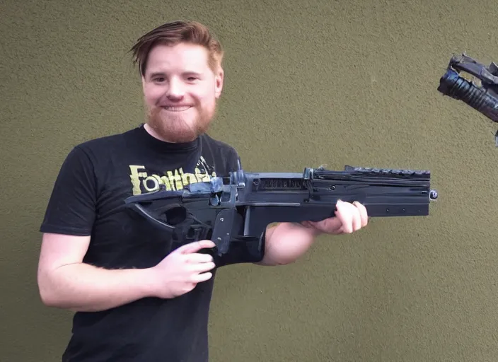 Prompt: a picture of youtuber ian mccollum of forgottenweapons, displaying an advanced gummy blaster