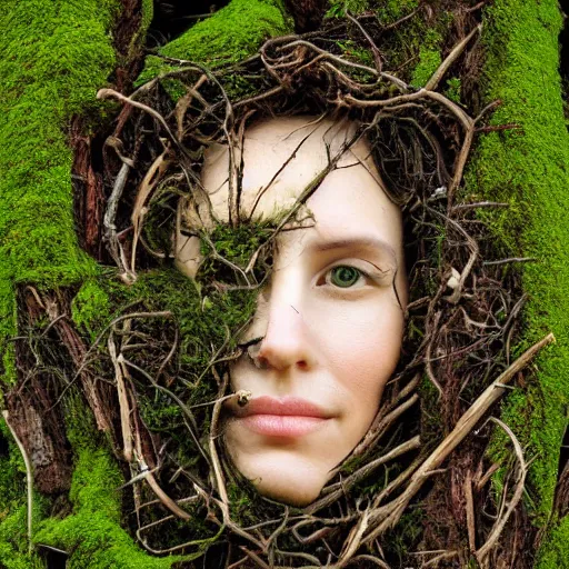 Image similar to a portrait of a woman made of tree roots and sticks, moss, mother nature, green