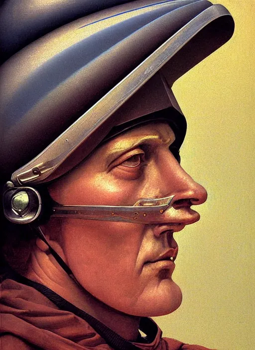 Image similar to beautiful extreme closeup portrait photo Emperor in style of frontiers in helmet motoracing dirt Helmets of Emperor Charles V the Wise, with a golf club, science fashion magazine September, retrofuturism edition, highly detailed, soft lighting, elegant , lighting, 35mm , Edward Hopper and James Gilleard, Zdzislaw Beksinski, Steven Outram, highly detailed