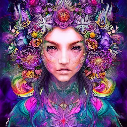 Prompt: Wolf goddess, lots of flowers, psychedelic, cosmic energy by Kelly McKernan,by Charlie Bowater, by Laura rubin, by yoshitaka amano, hiroshi yoshida, moebius, face by artgerm, inspired by dnd, bright pastel colors, sparkles️ iridescent aesthetic, detailed
