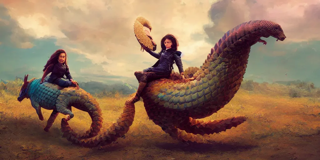 Image similar to rosalia riding a pangolin, colorful, contrast, depth of field, 3 d scene, render, greg rutkowski, zabrocki, karlkka, jayison devadas, trending on artstation, 8 k, ultra wide angle, zenith view, pincushion lens effect