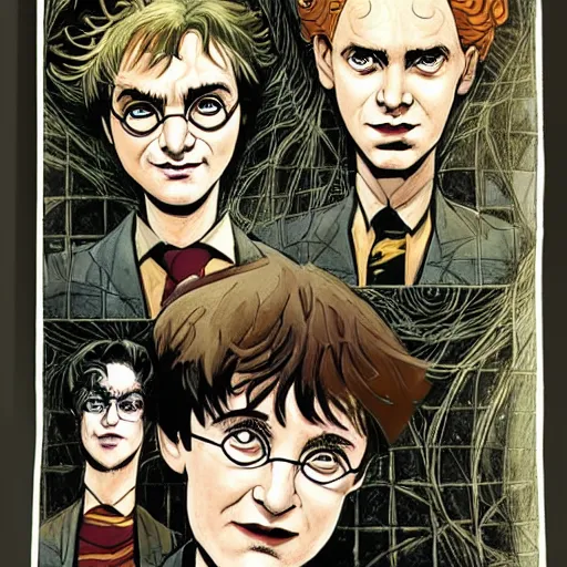 Prompt: in one frame Harry Potter with Sandman in The Sandman comic, symmetrical faces, beautiful faces, by Neil Gaiman, by Dave McKean, comics Sandman, small details, clear faces, high detail