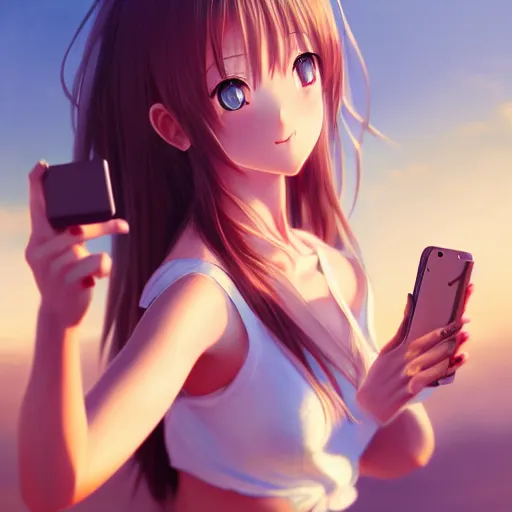 Image similar to beautiful serene intricate very detailed portrait of a realistic anime girl taking a selfie, smiling softly, wearing casual clothes, relaxing on the beach, golden hour, soft focus, 8 k, art by irakli nadar, hyperrealism, hyperdetailed, ultra realistic