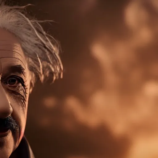 Image similar to albert einstein as tony stark in ironman, cinematic lighting, dramatic, octane render, long lens, shallow depth of field, bokeh, anamorphic lens flare, 8 k, hyper detailed, 3 5 mm film grain