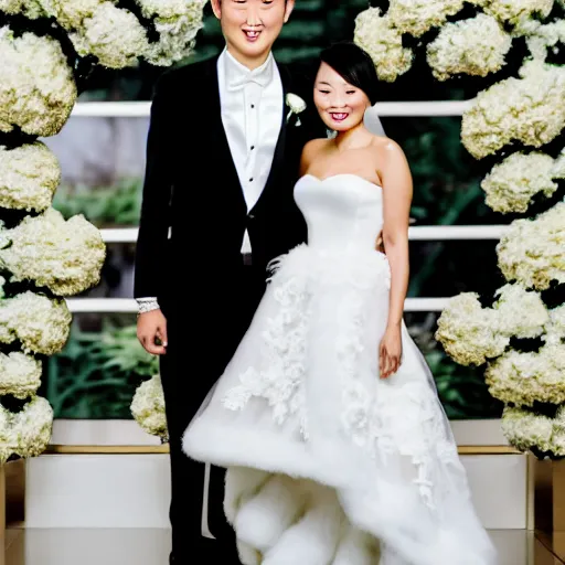 Image similar to cookie monster marrying justin sun, professional wedding photography