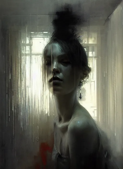 Image similar to a portrait of a beautiful woman inside a modern apartment, intricate oil painting, hyperdetailed, ominous, ethereal, dramatic lighting, by jeremy mann and ruan jia and ilya kuvshinov