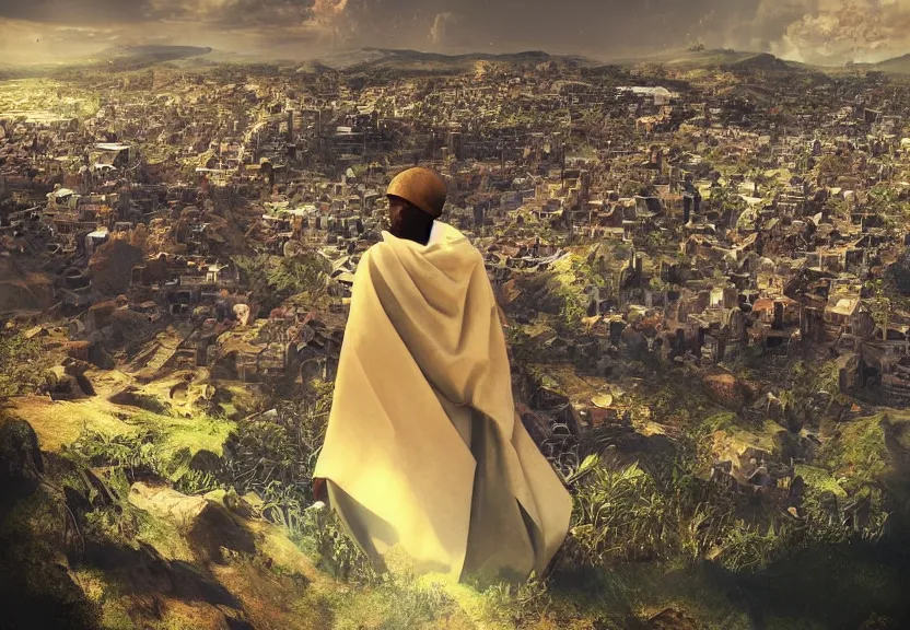 Image similar to “king, looking over his civilization from the top of the hill, digital art, award winning, 4k”