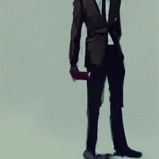 Prompt: concept art by greg rutkowski, very tall and thin young man, dressed in a lawyer's suit, standing drinking a coffee looking out a window in a minimalist, hi - tech, brutalist office, reddish exterior lighting, scifi, highly detailed portrait, digital painting, artstation, concept art, smooth, sharp foccus ilustration, artstation hq