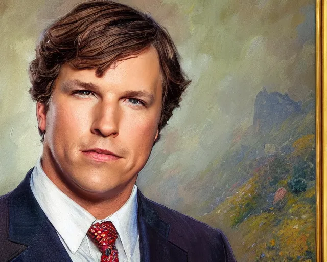 Prompt: closeup portrait of tucker carlson dressed up for fox news, highly detailed painting by gaston bussiere, craig mullins, j. c. leyendecker 8 k