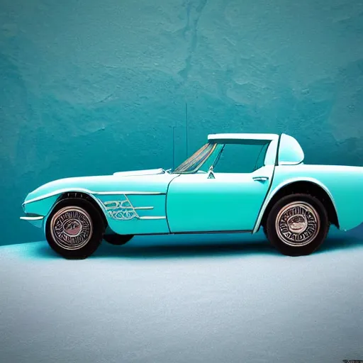 Prompt: deep turquoise color ice carved into the shape of a corvette, beauty shot, digital art, ultrareailstic