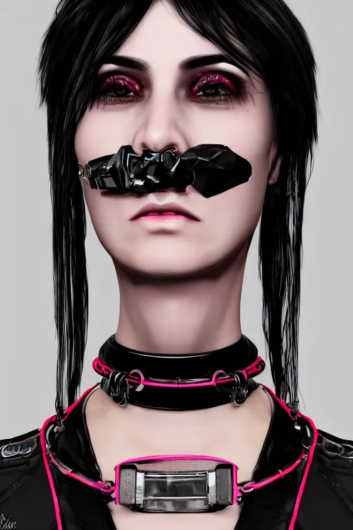 Image similar to detailed realistic female rock star cyberpunk wearing thick technological collar around neck, realistic, art, beautiful, 4K, collar, choker, collar around neck, punk, artstation, detailed, female, woman, choker, cyberpunk, neon, punk, collar, choker, collar around neck, thick collar, tight around neck, punk,