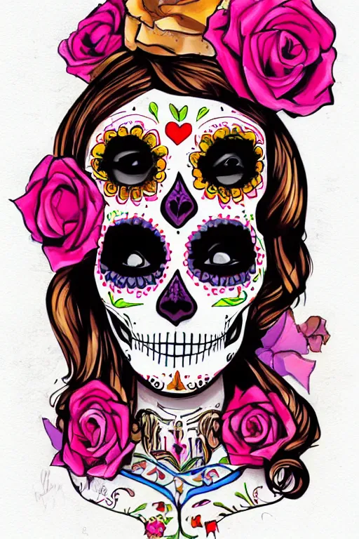 Prompt: Illustration of a sugar skull day of the dead girl, art by Antoine Blanchard