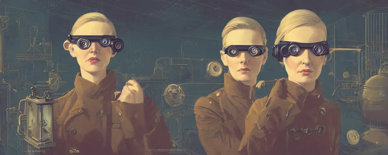 Image similar to vintage illustration 3 / 4 portrait of stoic heroic emotionless butch blonde woman engineer with short slicked - back hair, wearing victorian goggles, awkward and uncomfortable and anxious, dynamic composition by sachin teng and sergey kolesov and ron cobb. industrial space program, scifi, hyper detailed. octane render. concept art. trending on artstation