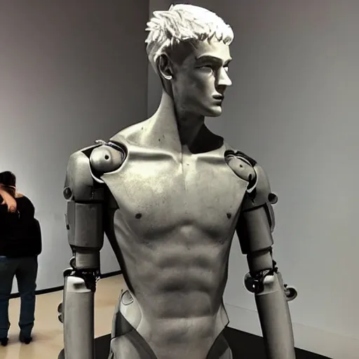 Prompt: “a realistic detailed photo of a guy who is an attractive humanoid who is half robot and half humanoid, who is a male android, twitch streamer Ninja Tyler Blevins, shiny skin, posing like a statue, blank stare, at the museum”