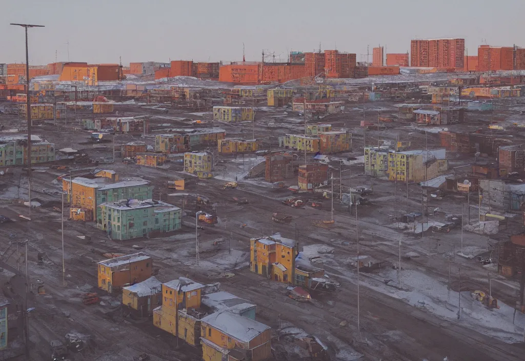 Image similar to accidentally wes anderson award - winning street photograph of a norilsk russian lunar cosmic city, art by greg rutkowsky, trending on artstation, cinematic lighting, filmic grain, golden hour, detailed, 4 k