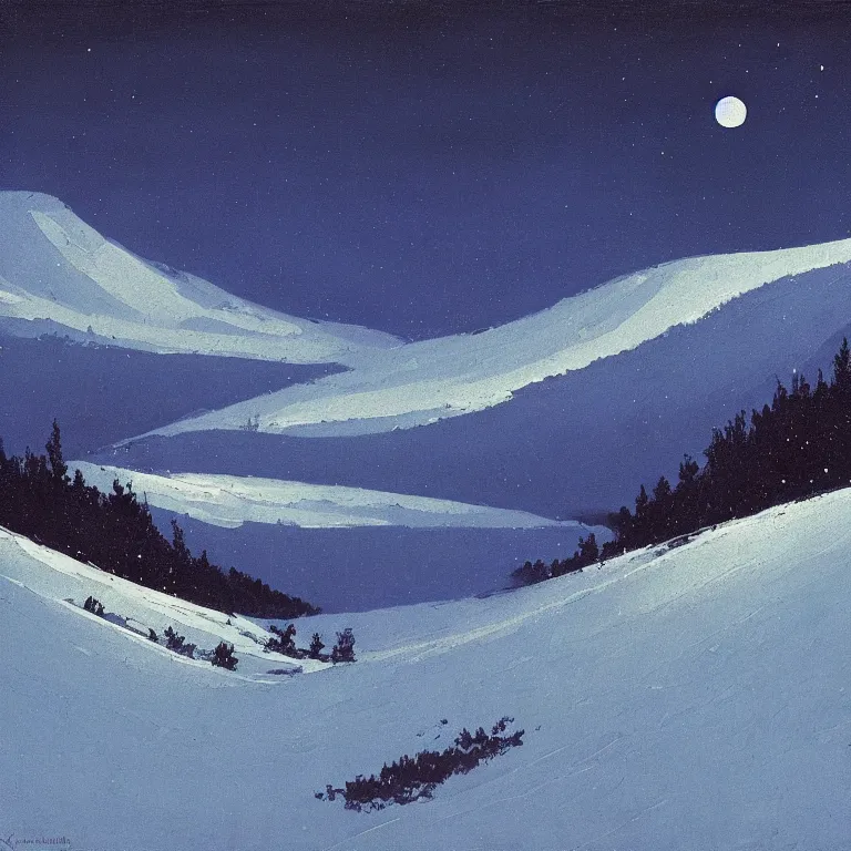 Image similar to new hampshire, mountains, winter, night, moon light, luminous, arkhip kuindzhi, glaze oil painting