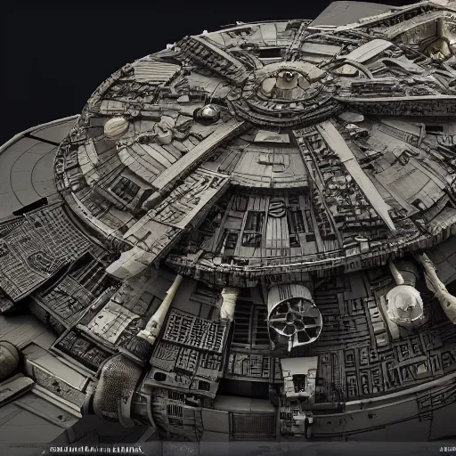 Image similar to millennium falcon, victorian clockcore solarpunk, highly detailed, intricate, weta digital, redshift render, caustic 3 d fx, 8 k