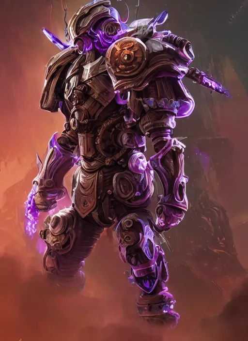 Image similar to a highly detailed illustration of dieselpunk cyber knight with flowing flaming plume with machine gun arms, rigid bulky armor, purple glowing cracks in armor, dramatic standing pose, intricate, elegant, highly detailed, centered, digital painting, artstation, concept art, smooth, sharp focus, league of legends concept art, WLOP