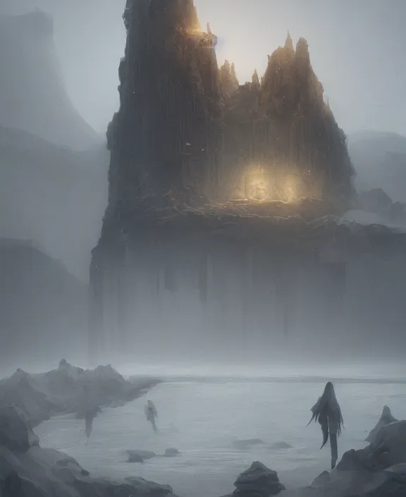 Image similar to surreal romantic prometheus horizontal white exploration base, ochre ancient palette, building architecture by ruan jia, futuristic, blame, white architecture in the beach in iceland, foggy, highly detailed, digital painting, arstation, concept art, hyperealistic octane render, unreal engine