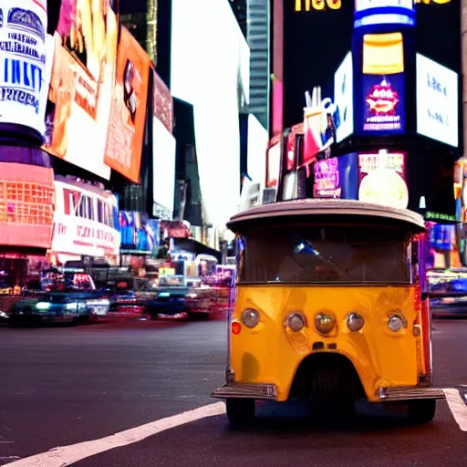 Image similar to a tuk tuk in Times Square at night, luxurious, elegant, highly detailed, award winning photography, moody, dramatic lighting, cinematic, matte painting, concept art, 4k