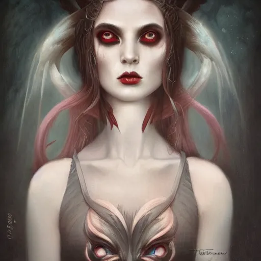 Prompt: portrait of a female demon, by tom bagshaw