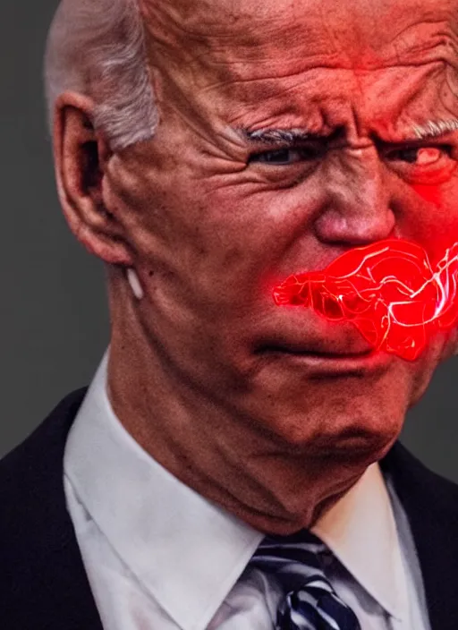 Image similar to hyper realistic photo Doom angry wrathful furious glowing red eyes biden